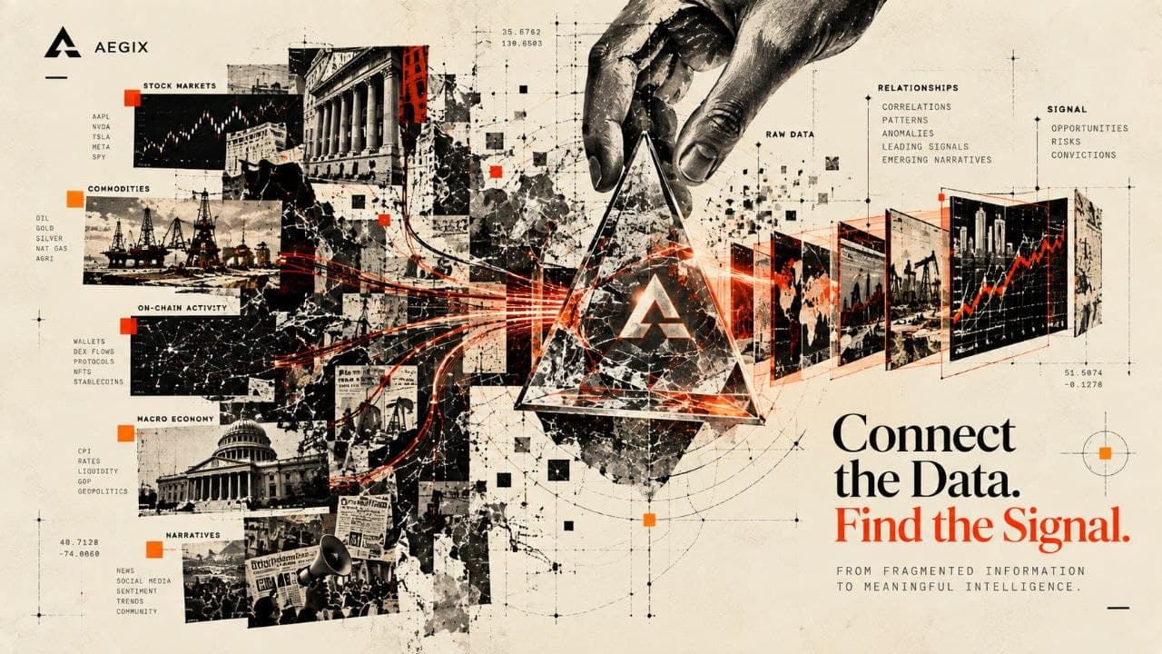 A hand lowering a glass prism marked with the AEGIX symbol; scattered market, commodity, macro and news fragments stream into it and leave as ordered panels