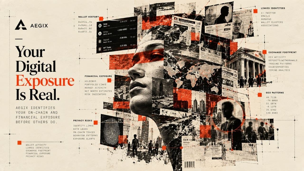 A face in profile with an orange band across the eyes, surrounded by transaction lists, a fingerprint, a world map and silhouetted figures