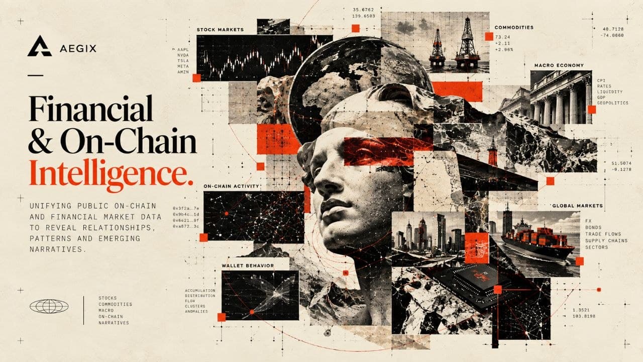 A marble head at the centre of a collage of stock charts, oil rigs, a central bank, container ships and on-chain graphs, joined by thin orange lines